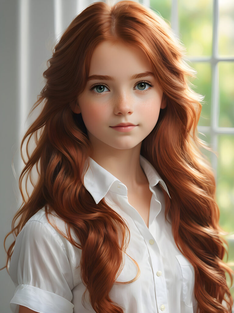 super realistic, detailed portrait, a beautiful young girl with long auburn hair looks sweetly into the camera. She wears a white shirt