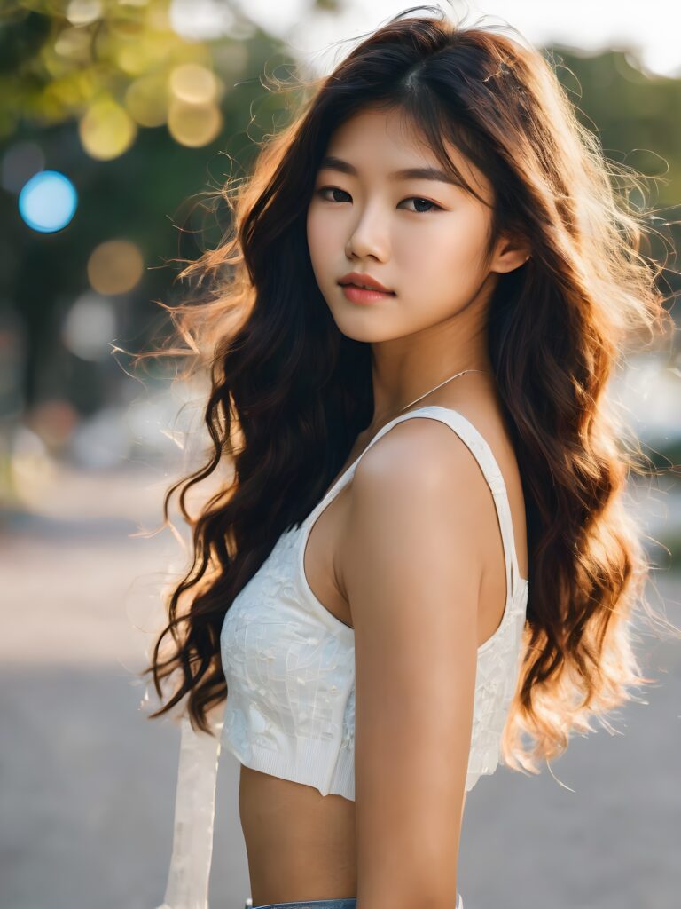 a (((tomboy Asian teen girl))) with long, (((realistically detailed hair))), poised in a (((cinematic light setup))) for a portrat-shot, her face radiant with happiness, featuring a (((flawlessly detailed round face))), a (((short form fitting crop top))) that showcases her perfect physique, and (((realistic details))), such as a (((curvy yet toned silhouette)))