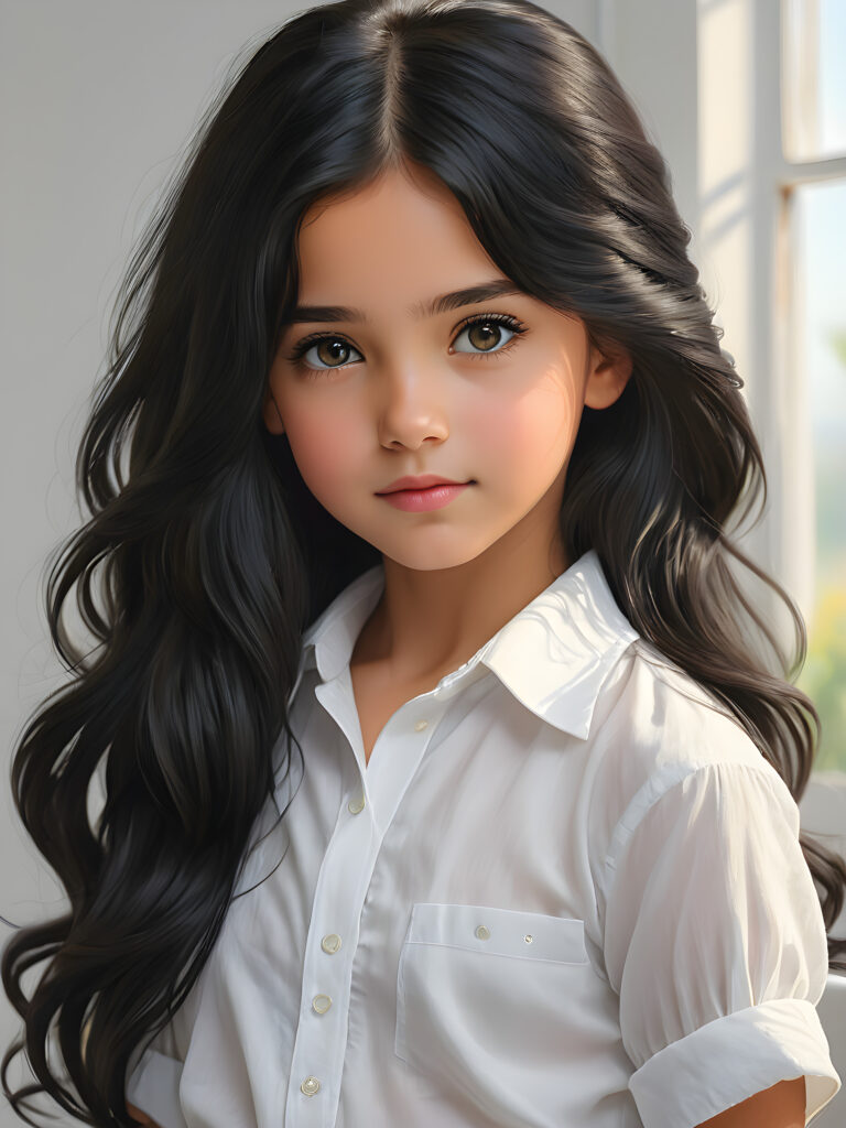 super realistic, detailed portrait, a beautiful young girl with long black hair looks sweetly into the camera. She wears a white shirt