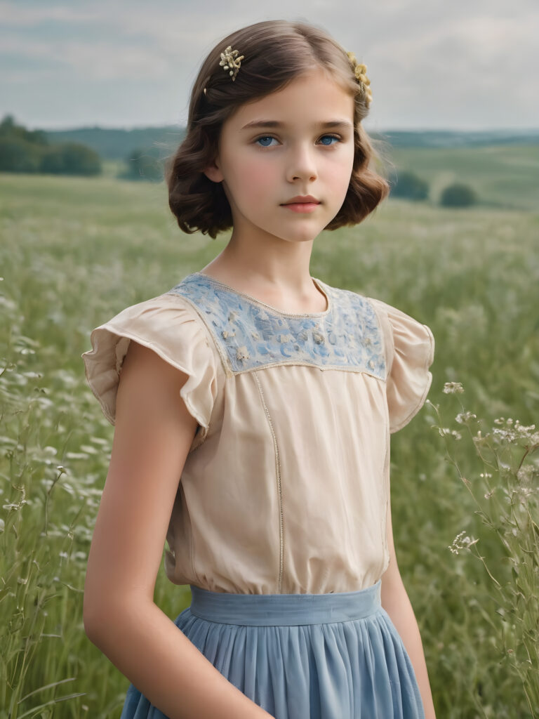 ((detailed perfect portrait)), young girl, 13 years old, stands in a meadow. She is dressed in classic 1930 style, she look at the viewer, detailed shiny straight brown hair, blue eyes, round detailed face, achieving an (8K resolution)