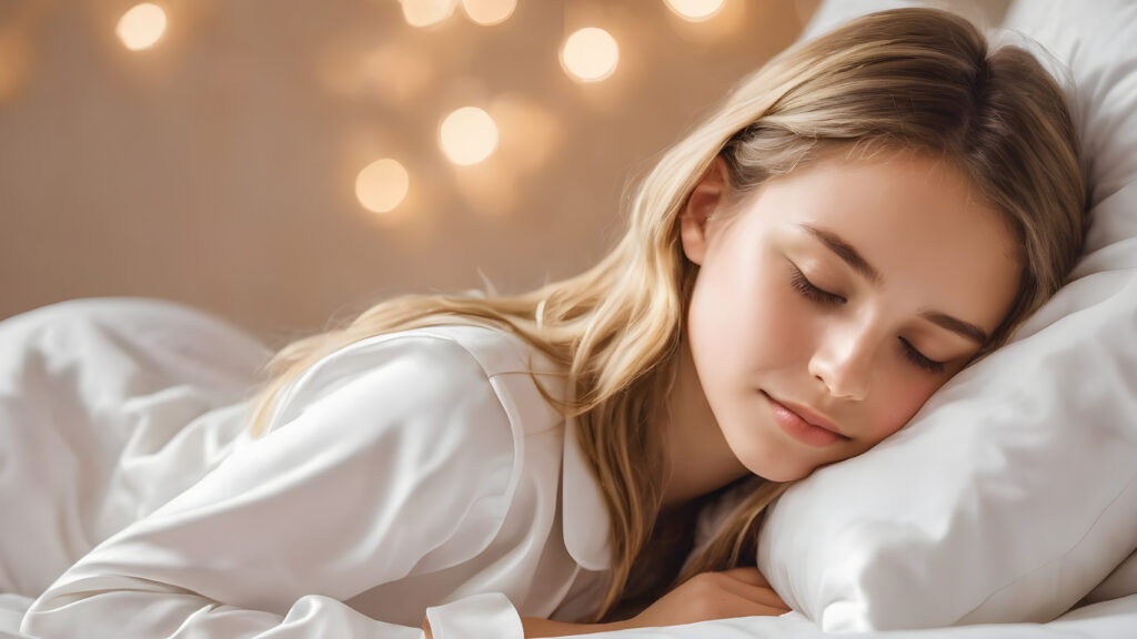 portrait of a cute sleeping teen girl, very happy, white night suit made of silk, closed eyes, in an comfortable bed, warm smile, sweet dream, side view, head on pillow