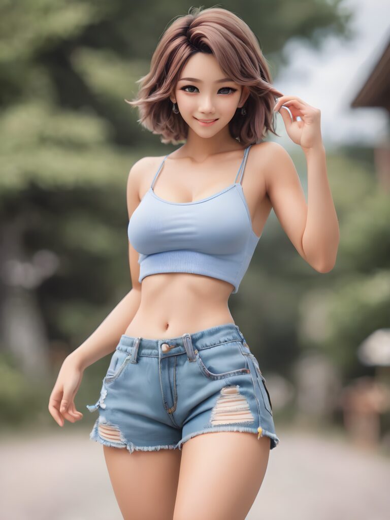 ((stunning)) ((gorgeous)) cute tomboys, wearing loose fitting spaghetti strap crop tops and tattered shorts, smiling and flirting with you, perfect pose, perfect curved body, side view/back view/front view