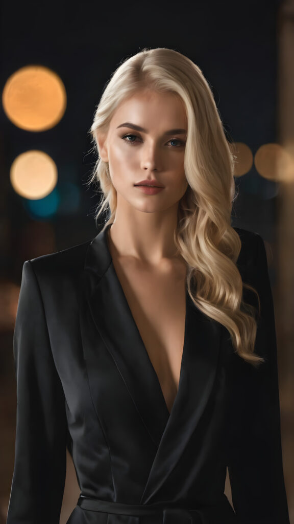 a busted ((gorgeous)) model girl posed, ((elegant dressed in a black night suit)), blonde hair, detailed, perfect curved body