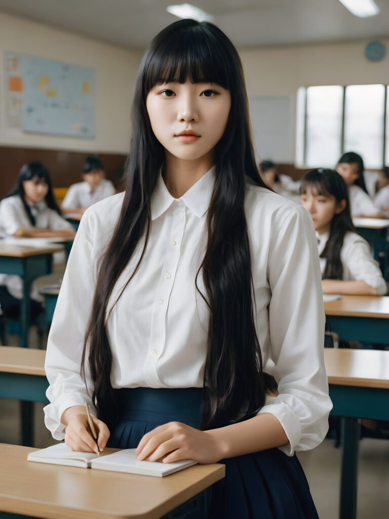 a cute Korean school girl with long wavy black hair and long straight bangs, white shirt, sitting alone in classroom