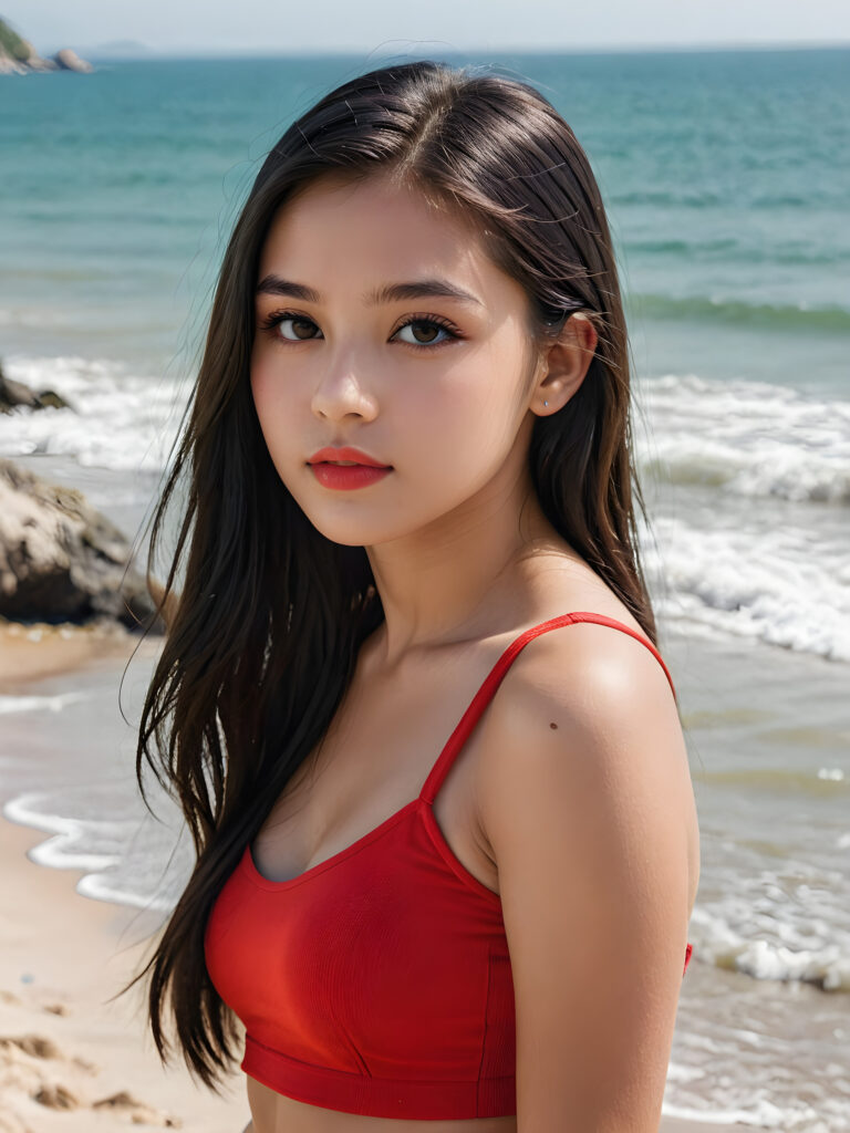 detailed, realistic upper body portrait: a 17 years teen girl with long soft black straight hair, black eyes, red bright full kissable lips, wearing a red mini crop top, side view, beach in backdrop