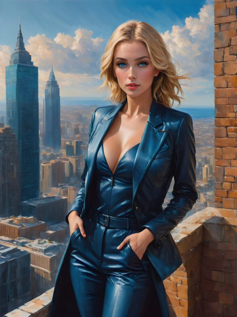 beautiful girl as a super spy in a stylish and slick outfit, scaling a building in the night, short stature, blonde hair, blue eyes, detailed, vivid, panoramic view