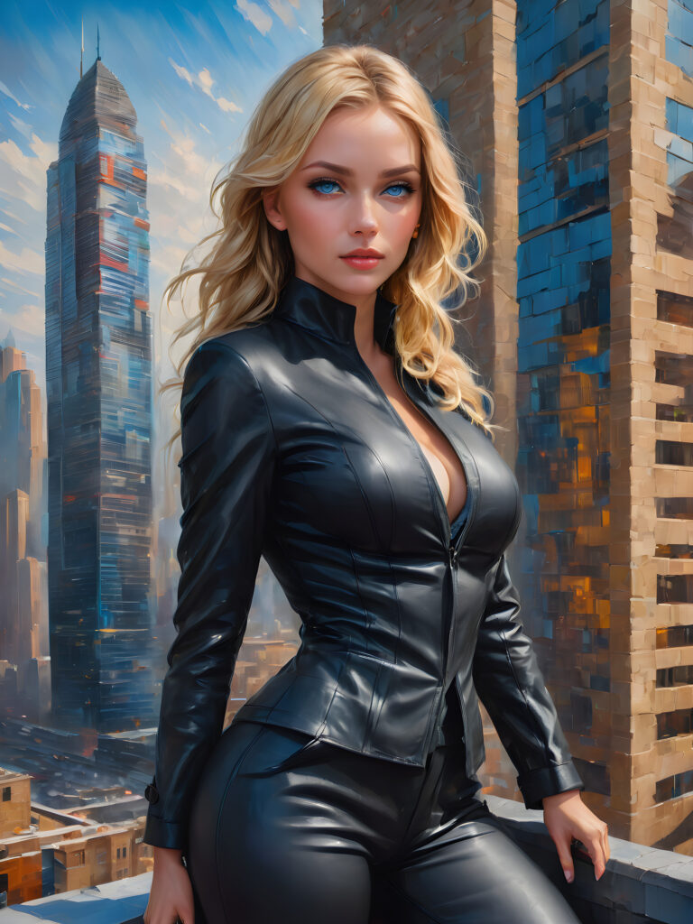beautiful girl as a super spy in a stylish and slick outfit, scaling a building in the night, short stature, blonde hair, blue eyes, detailed, vivid, panoramic view