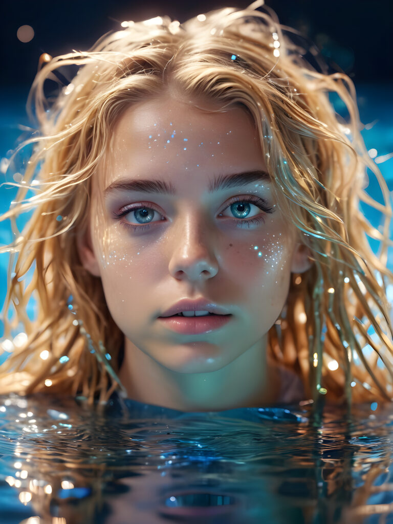 beautiful young teen girl, in the style of hyper-realistic water, surreal robotics, starfish, reflections. With exaggeratedly voluminous, mid (((dirty blonde hair))) messy hair, (light indigo eyes) (((holographic iridescent multi colored metallic)))