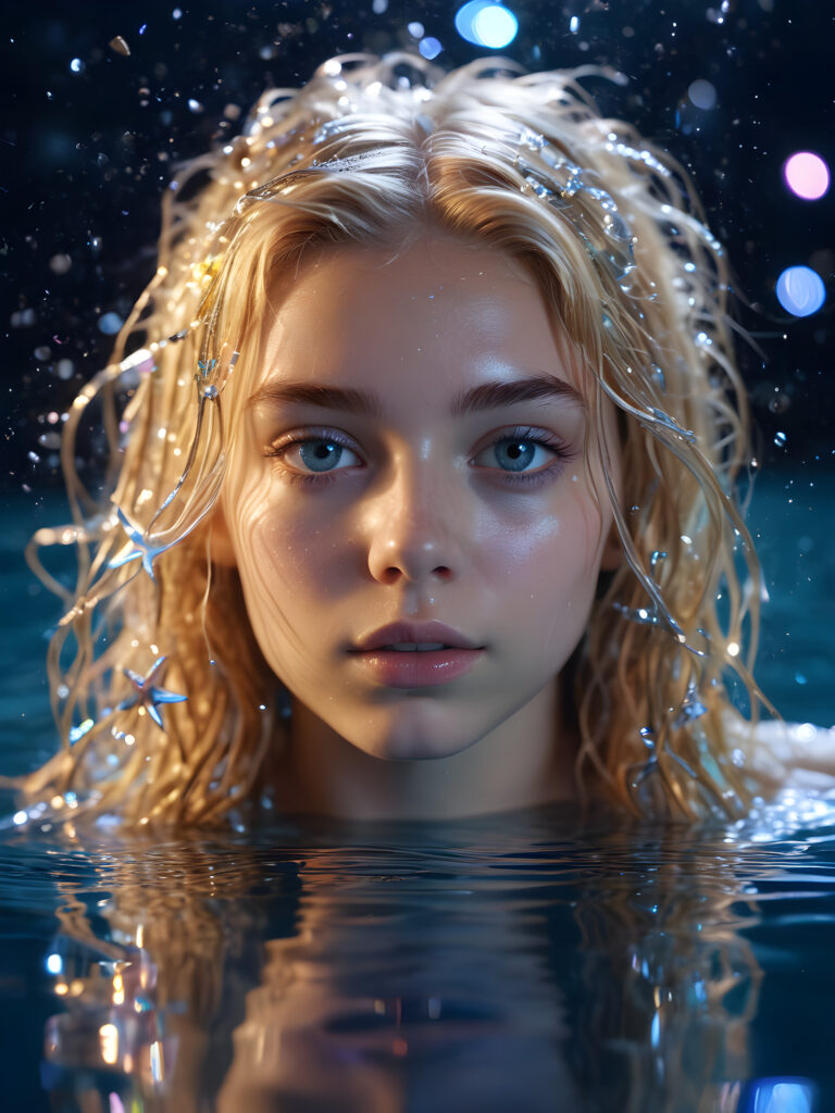 beautiful young teen girl, in the style of hyper-realistic water, surreal robotics, starfish, reflections. With exaggeratedly voluminous, mid (((dirty blonde hair))) messy hair, (light indigo eyes) (((holographic iridescent multi colored metallic)))