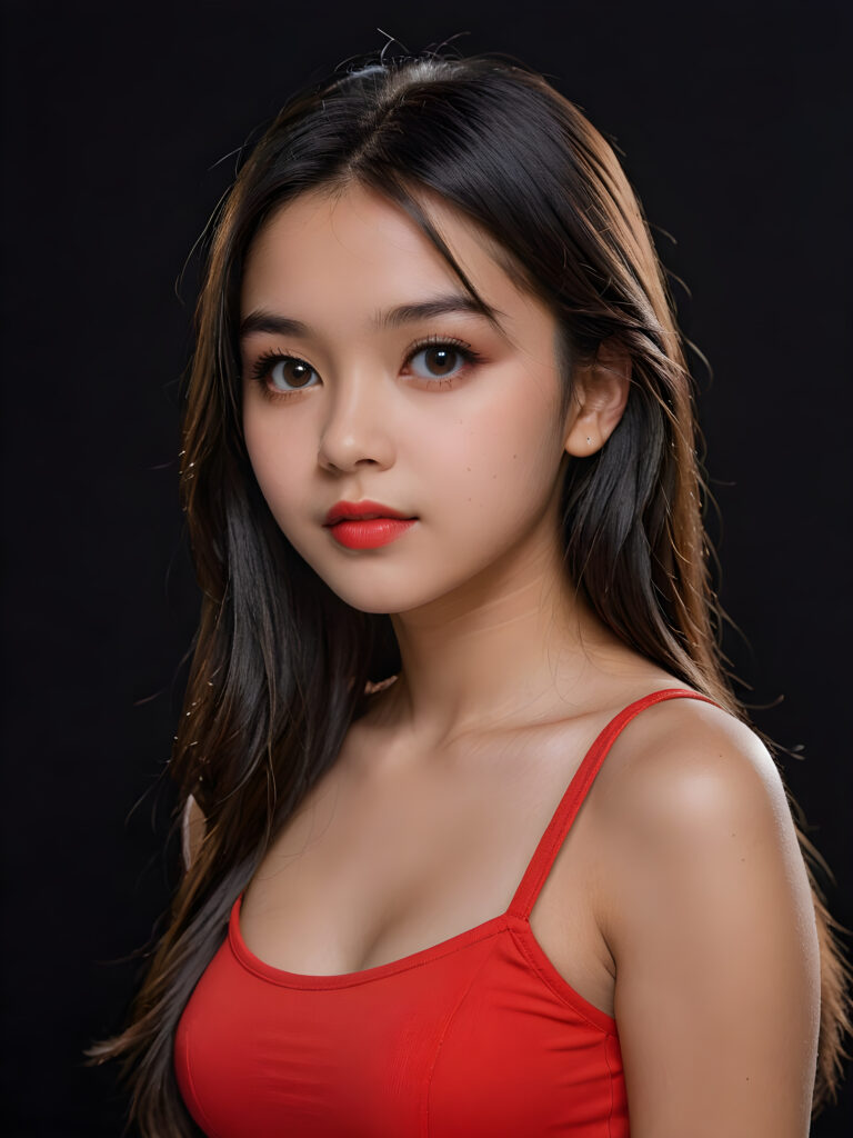detailed, realistic upper body portrait: a 17 years teen girl with long soft black straight hair, black eyes, red bright full kissable lips, wearing a red mini crop top, side view, black backdrop and dimmed light