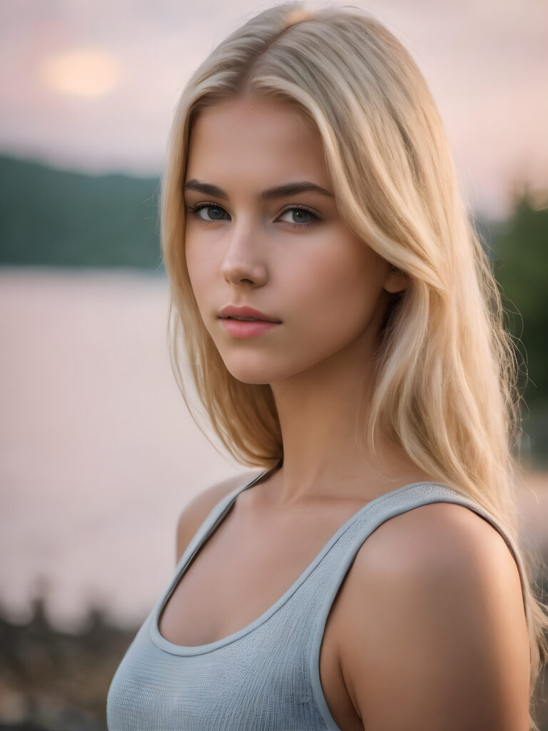 super realistic, detailed face, cute 17 years old Nord girl, straight blonde hair, realistic detailed light, wear short tight tank top, looks at the camera, perfect curved body, perfect pose