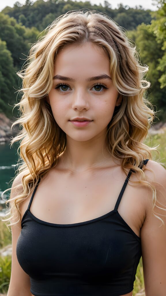 detailed and realistic portrait: a natural beautiful teen girl with long semi curly soft blonde hair wearing a black tight crop top, in a beautiful natural place