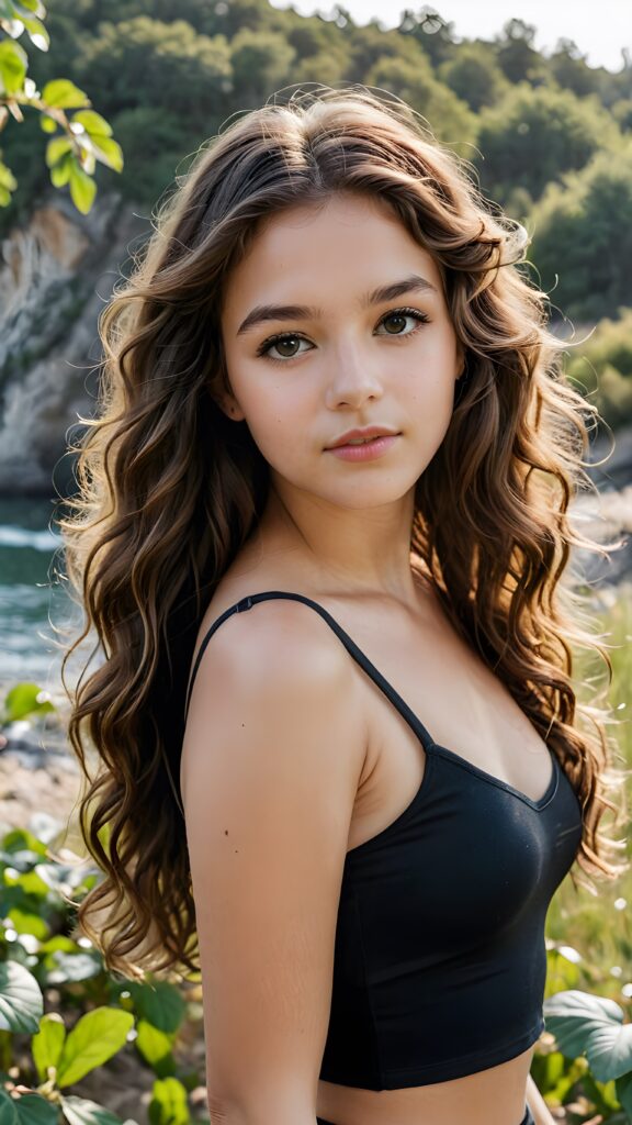 detailed and realistic portrait: a natural beautiful teen girl with long semi curly soft brown hair wearing a black tight crop top, in a beautiful natural place