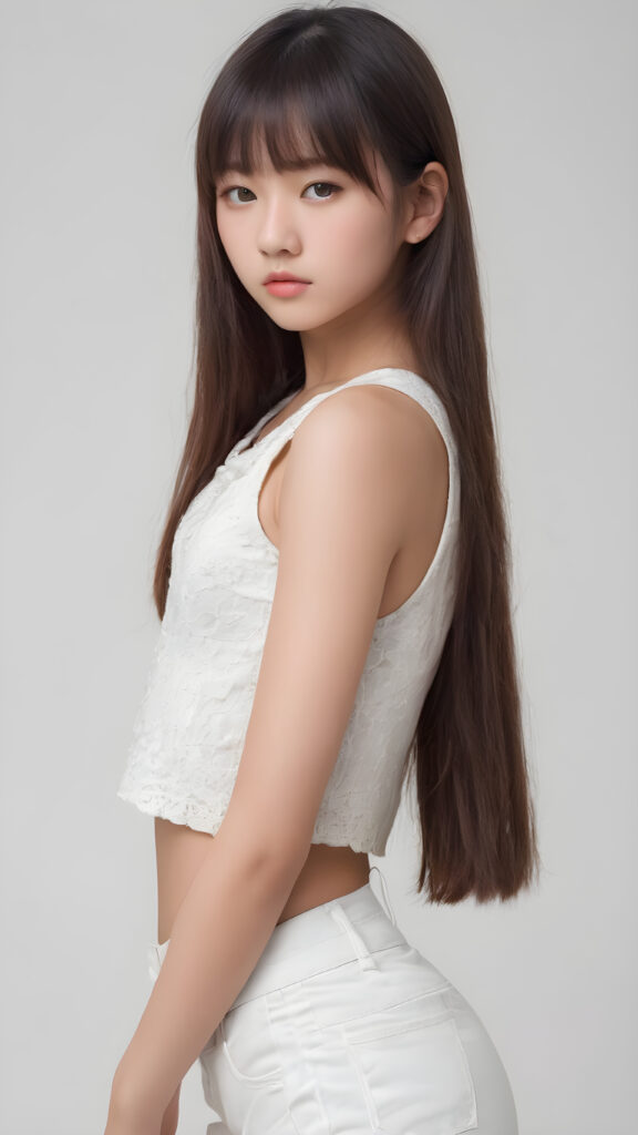 cute asia teen girl, long straight hair, bangs cut, realistic detailed eyes, she is elegantly dressed in a form-fitting low cut crop top, short pants, looks sadly at the camera
