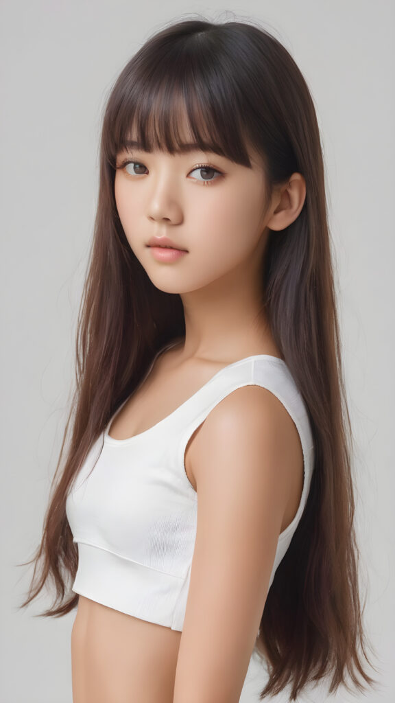 cute asia teen girl, long straight hair, bangs cut, realistic detailed eyes, she is elegantly dressed in a form-fitting low cut crop top, short pants, looks sadly at the camera