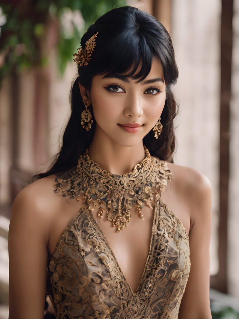 a (((beautiful young girl with jet-black hair and side bangs))), her facial features highlighted by (((shades of brown))), softly contrasting against her delicate complexion, her eyes framed by long, defined lashes and a playful smile, dressed in a (((dress with intricate, ornate patterns))), its hue a rich and vivid shade that complements her skin tone, with a girl's face popping up behind her, its features drawn in (((realistic beauty))), and around them, (((lush, vibrant flowers))) have bloomed, their petals shining like jewels amidst a backdrop of (deep, luxurious tones)