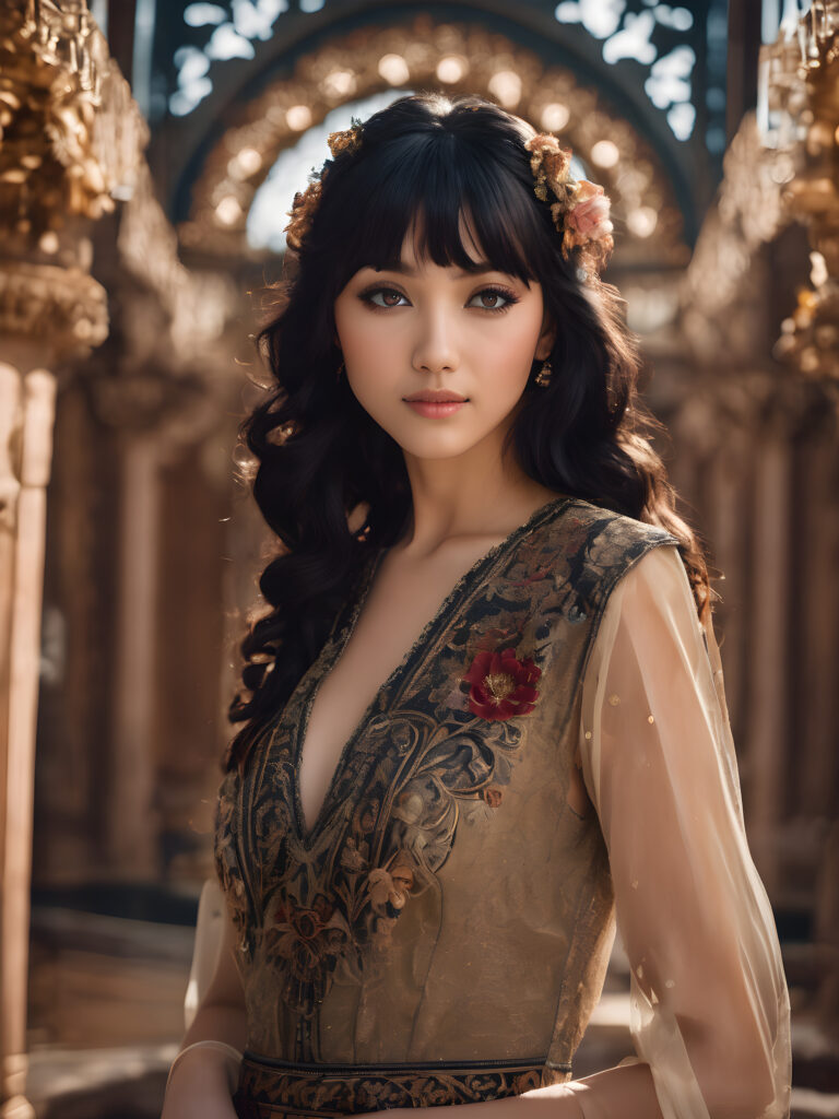a (((beautiful young girl with jet-black hair and side bangs))), her facial features highlighted by (((shades of brown))), softly contrasting against her delicate complexion, her eyes framed by long, defined lashes and a playful smile, dressed in a (((dress with intricate, ornate patterns))), its hue a rich and vivid shade that complements her skin tone, with a girl's face popping up behind her, its features drawn in (((realistic beauty))), and around them, (((lush, vibrant flowers))) have bloomed, their petals shining like jewels amidst a backdrop of (deep, luxurious tones)