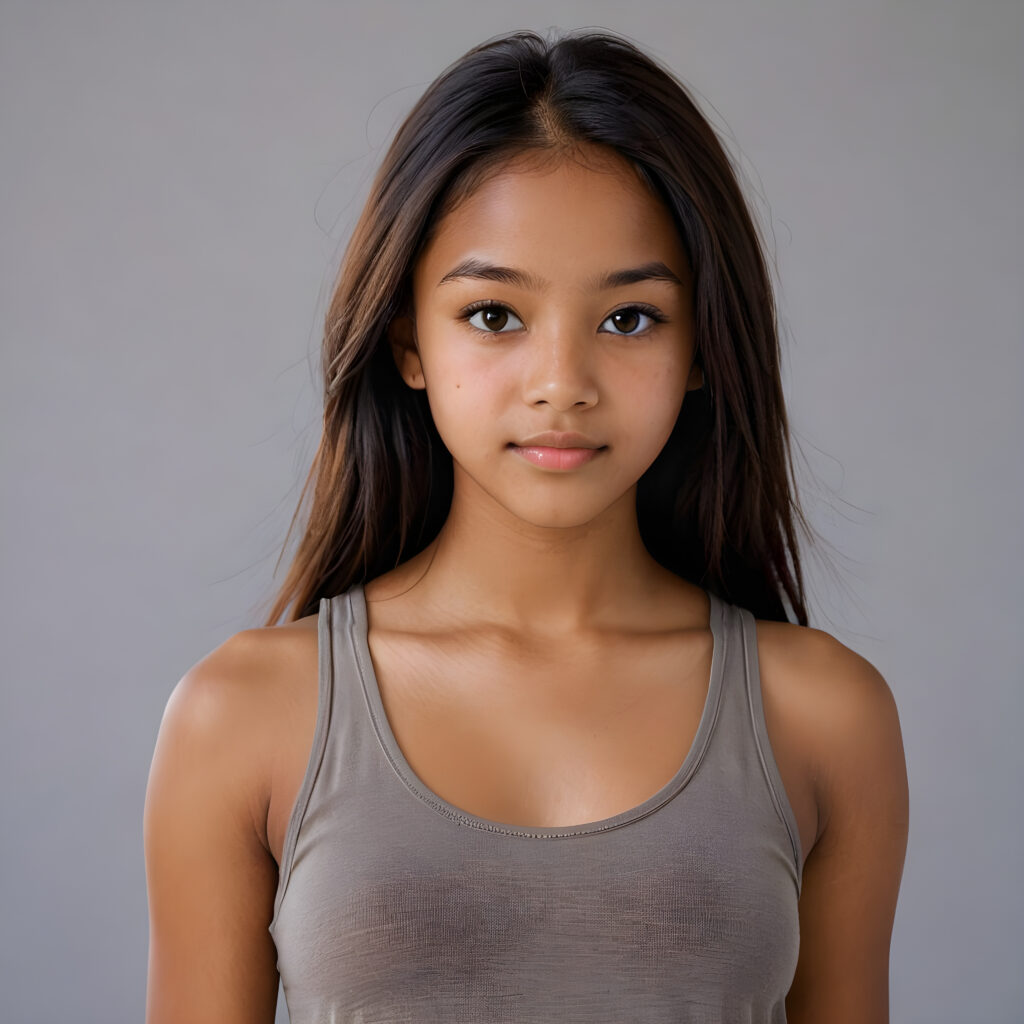 capture a vividly detailed (((natural brown-skinned Exotic teen girl))) with long soft straight, length, dark obsidian hair and a round face, wearing a ((thin, grey tank top)) against a (((softly dimmed backdrop))), with elegant, subtle shadows that convey a feeling of warmth and contentment