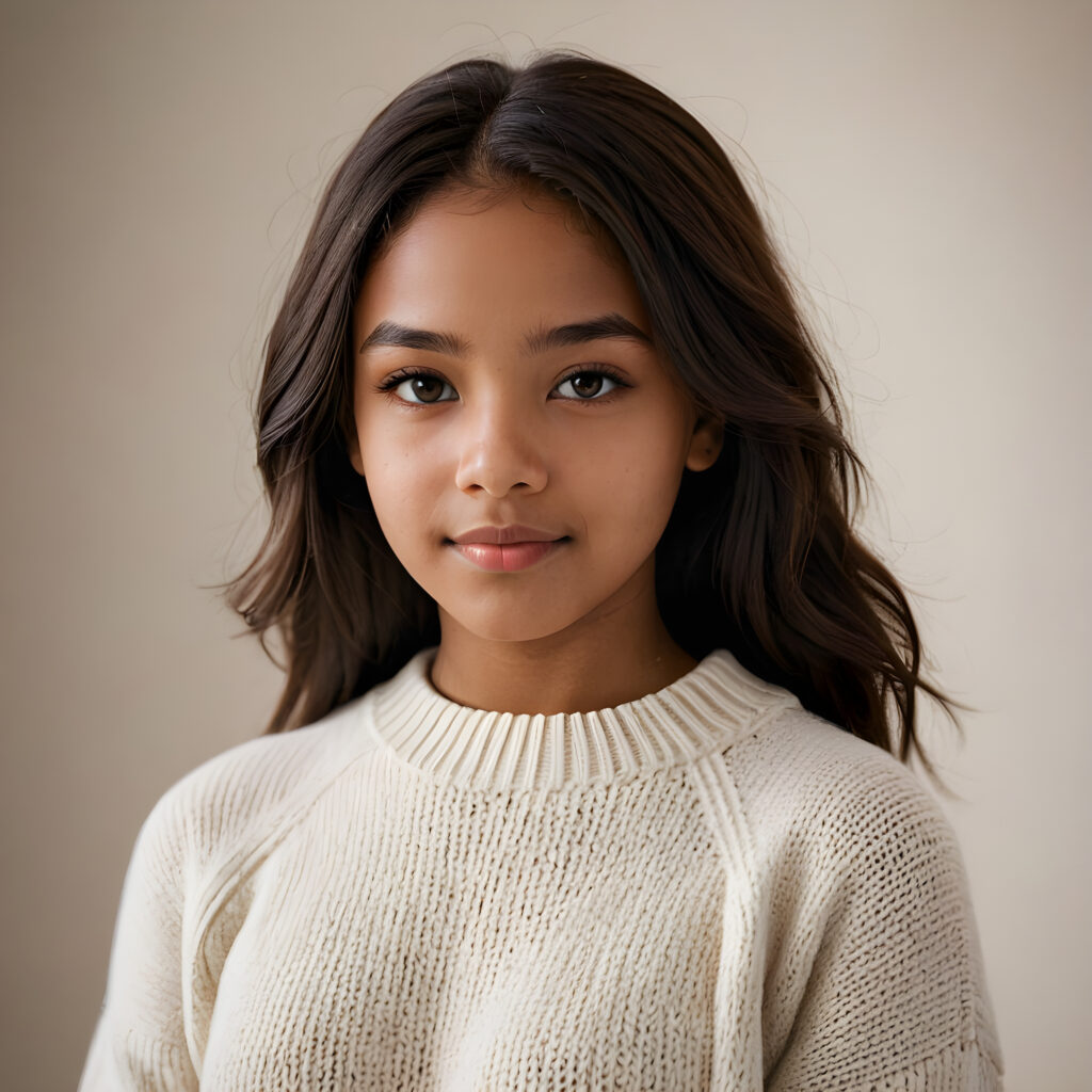capture a vividly detailed (((natural brown-skinned teen girl))) with straight, mid-length, dark obsidian hair and a round face, wearing a ((thin, white woolen sweater)) against a (((softly dimmed backdrop))), with elegant, subtle shadows that convey a feeling of warmth and contentment