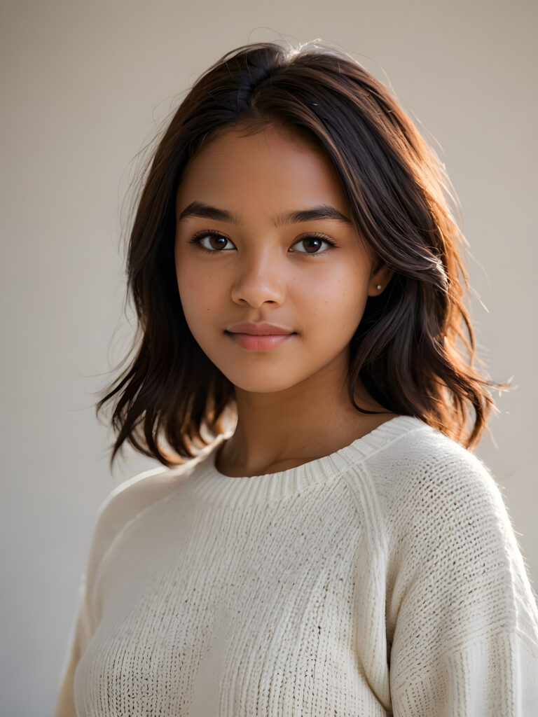 a fantastic picture of a natural brown-skinned teen girl, who makes you happy, she has straight long obsidian black soft shoulder-length hair, a round face, she wars a thin white woolen sweater ((white background)) ((dimmed light)) perfect shadows