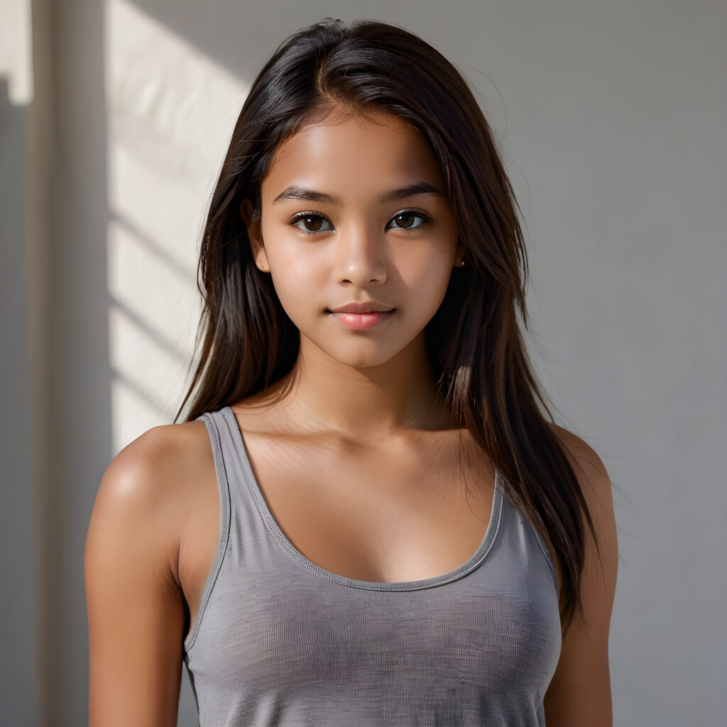 capture a vividly detailed (((natural brown-skinned Exotic teen girl))) with long soft straight, length, dark obsidian hair and a round face, wearing a ((thin, grey tank top)) against a (((softly dimmed backdrop))), with elegant, subtle shadows that convey a feeling of warmth and contentment