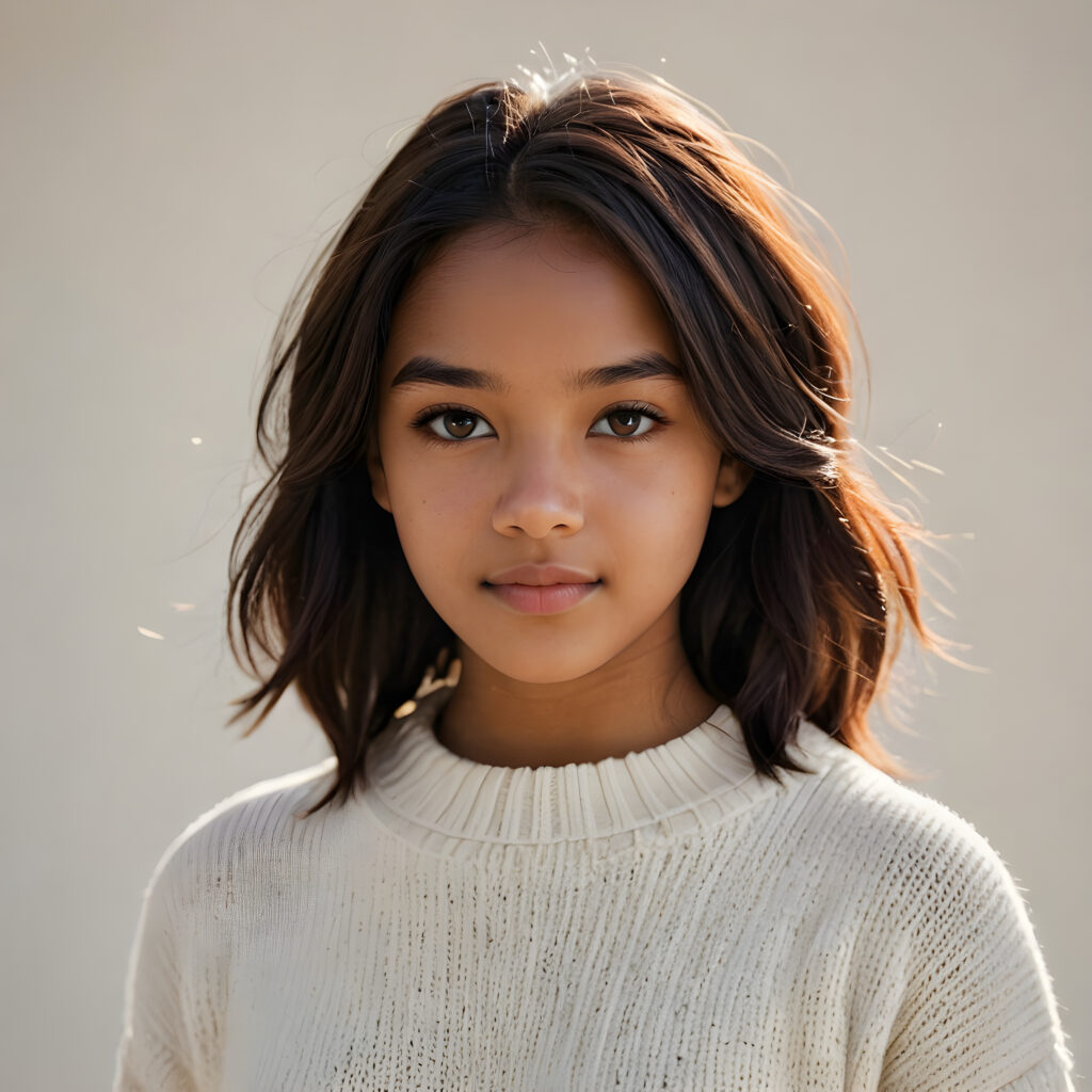 capture a vividly detailed (((natural brown-skinned teen girl))) with straight, mid-length, dark obsidian hair and a round face, wearing a ((thin, white woolen sweater)) against a (((softly dimmed backdrop))), with elegant, subtle shadows that convey a feeling of warmth and contentment