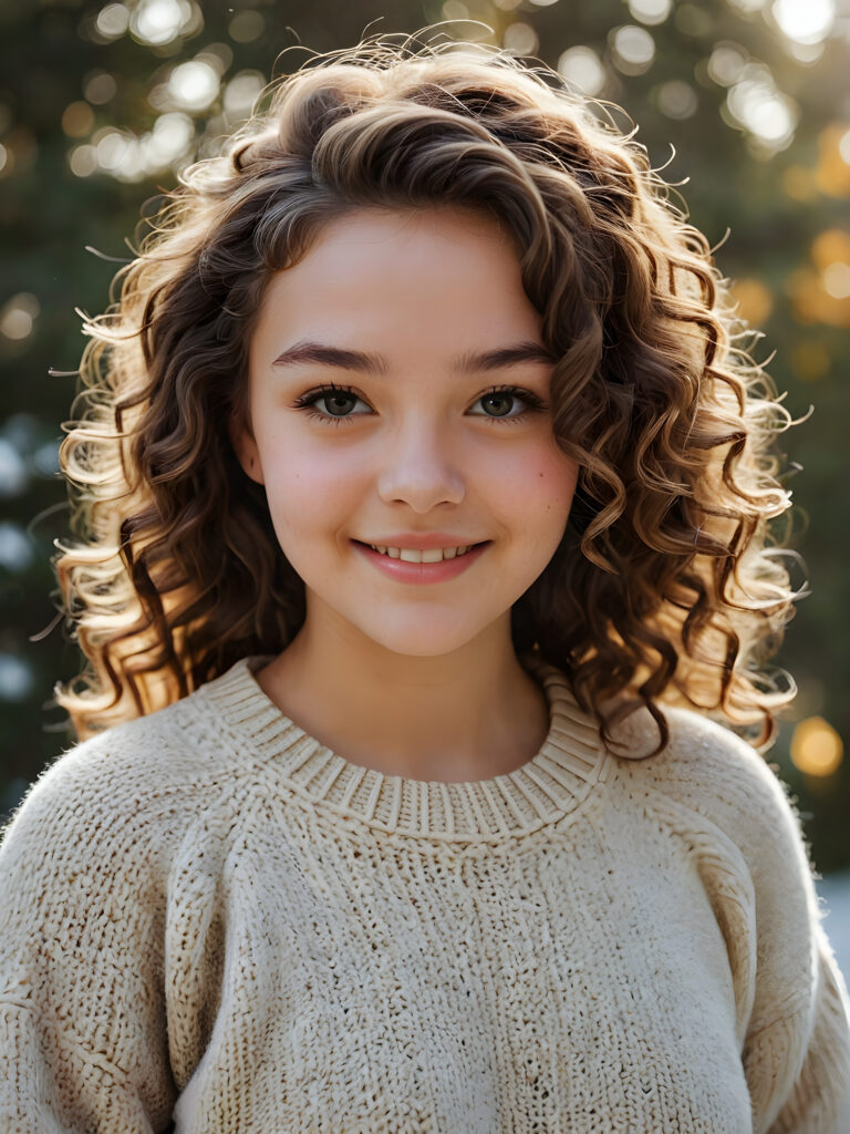 capture the essence of a (((natural teen girl))), exuding a contagious cheerfulness that brings joy to those around her. Her soft, curls frame a (((round face))), which complements a warm, ((thin woolen sweater)) she wears