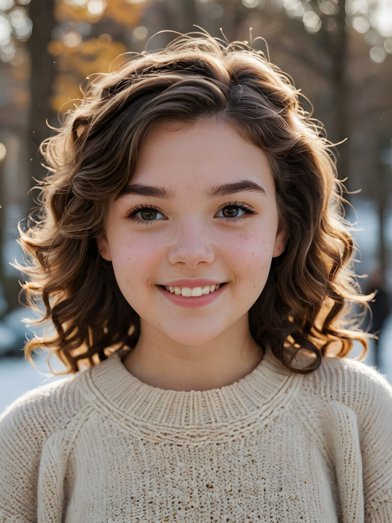 capture the essence of a (((natural teen girl))), exuding a contagious cheerfulness that brings joy to those around her. Her soft, curls frame a (((round face))), which complements a warm, ((thin woolen sweater)) she wears