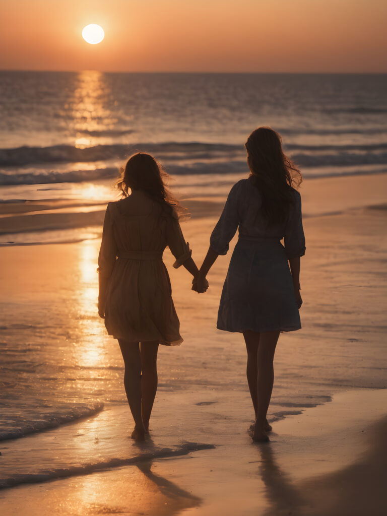 2 girls holding hands walking on the beach at sunset