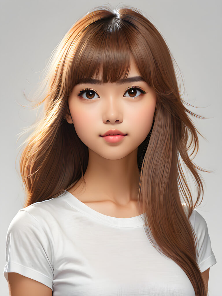 ((portrait)) of (((cute))) (((elegant))) ((attractive)) (((long, straight hair))) ((stunning)) ((pencil drawing)) a beautifully realistic, cinematic lights, Asian teen girl, 15 years old, bangs cut, realistic detailed angelic round face, ((realistic detailed eye)) looks sadly at the camera, portrait shot, perfect curved body, (wears a super short tight (white t-shirt) made on thin silk), perfect anatomy, white background, side perspective, ((no background))