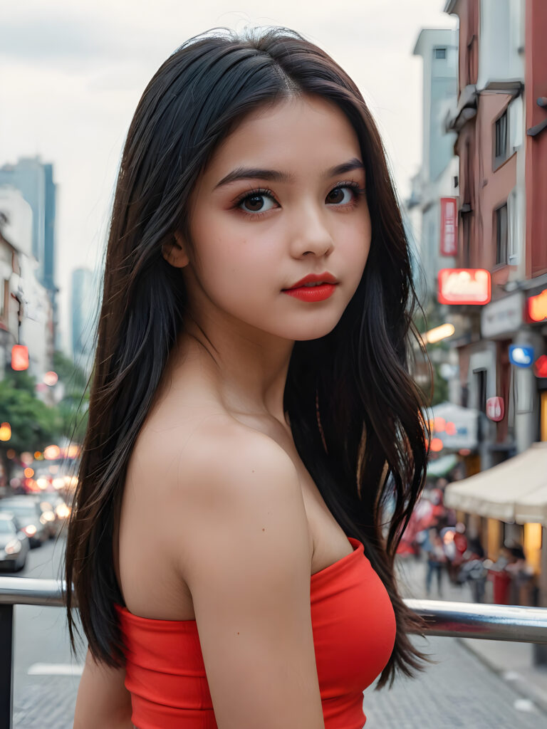 detailed, realistic upper body portrait: a 17 years teen girl with long soft black straight hair, black eyes, red bright full kissable lips, wearing a red mini crop top, side view, city in backdrop