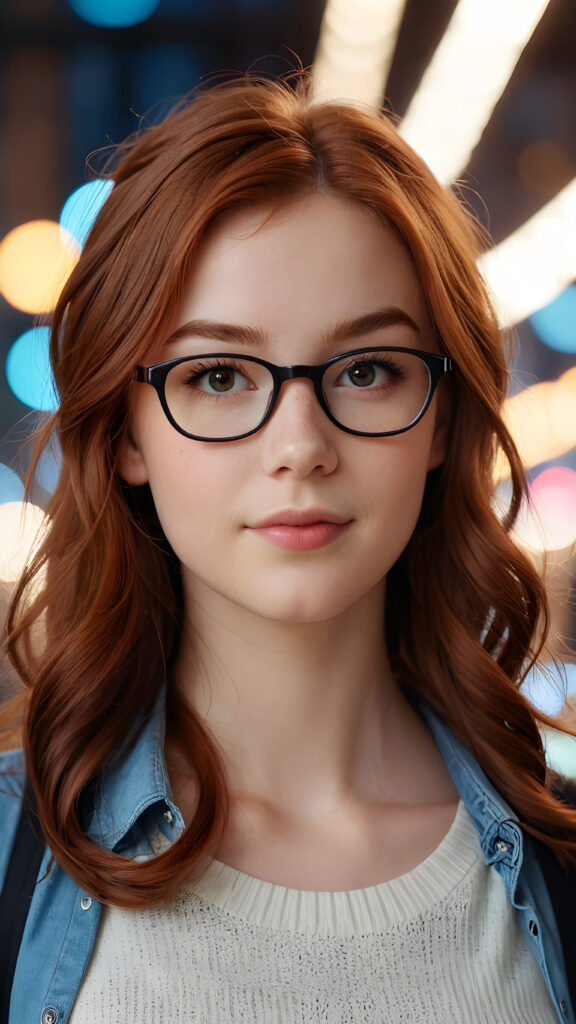 close-up shot, a cute nerd teen girl, detailed auburn hair, perfect curved body, ((stunning)) ((gorgeous)) ((realistic, detailed)) ((empty background)) ((cinemaic lights))