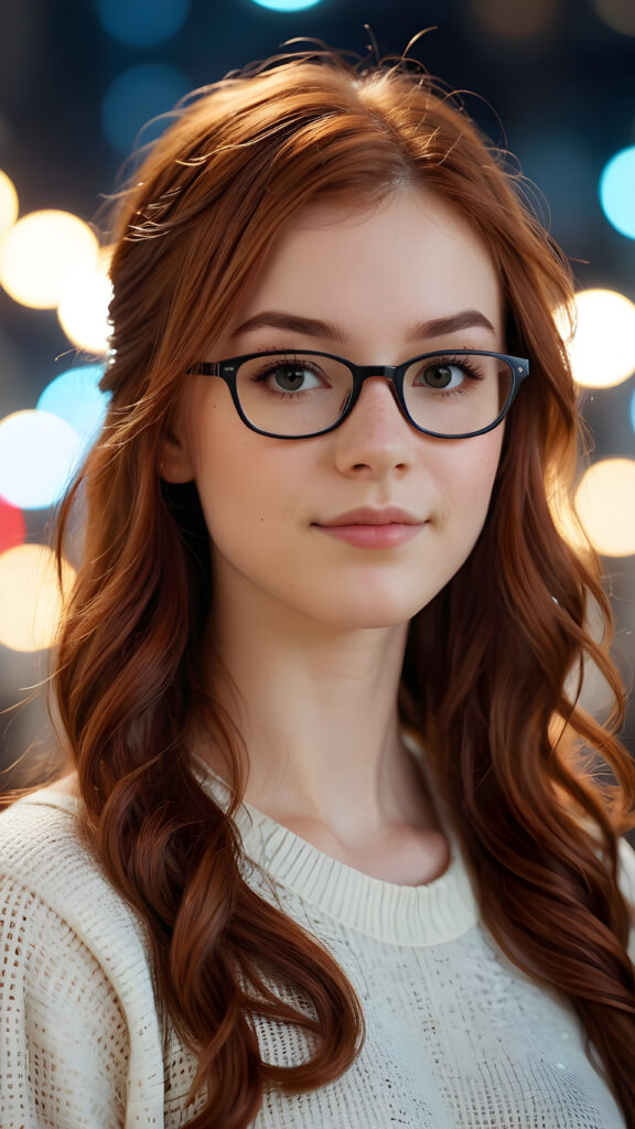 close-up shot, a cute nerd teen girl, detailed auburn hair, perfect curved body, ((stunning)) ((gorgeous)) ((realistic, detailed)) ((empty background)) ((cinemaic lights))