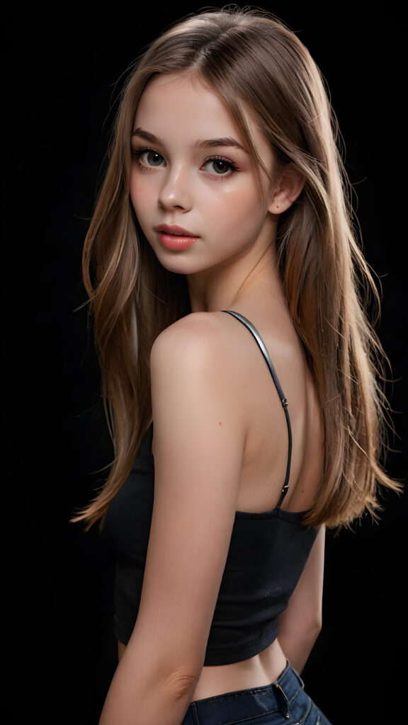 create a 3D image: of a gorgeous, stunning young teen girl, long, straight and smooth hazelnut hair, wears a short crop top, ((full lips)) perfect shadows and lights, (black background) ((full body))