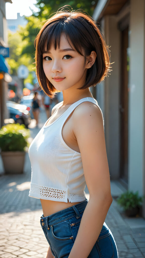 create a 3D image: a (((teen girl))) with a ((perfectly curved silhouette)) and illustrative details that convey youthful cuteness, bob cut, shoulder-lengt hair, perfect shadows and lights, short crop tank top, ((full body))