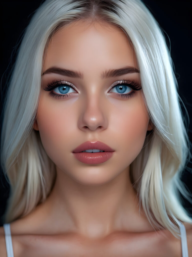 create a 3D image: of a gorgeous, stunning teen girl, straight platinum hair, she looks seductively, ((light blue eyes)), black eyeliner, ((full lips)) perfect shadows and lights, (black background) ((detailed portrait))