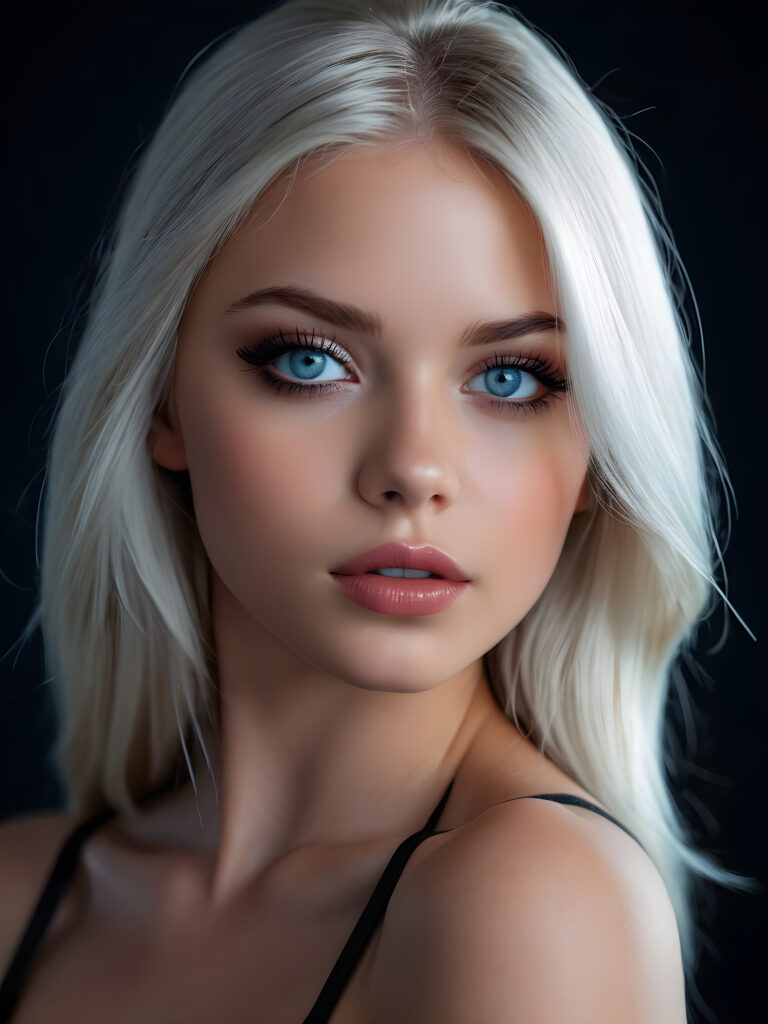 create a 3D image: of a gorgeous, stunning teen girl, straight platinum hair, she looks seductively, ((light blue eyes)), black eyeliner, ((full lips)) perfect shadows and lights, (black background) ((detailed portrait))
