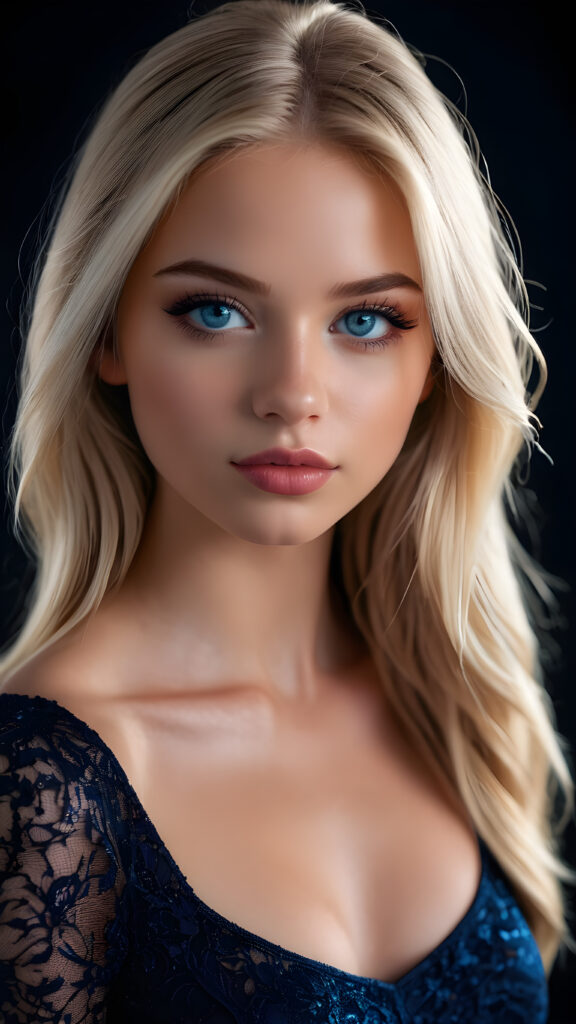 create a 3D image: of a gorgeous, stunning escord teen girl, straight blond detailed hair, she looks seductively, ((light blue eyes)), black eyeliner, tight dressed, ((full lips)) perfect shadows and lights, (black background) ((full body))
