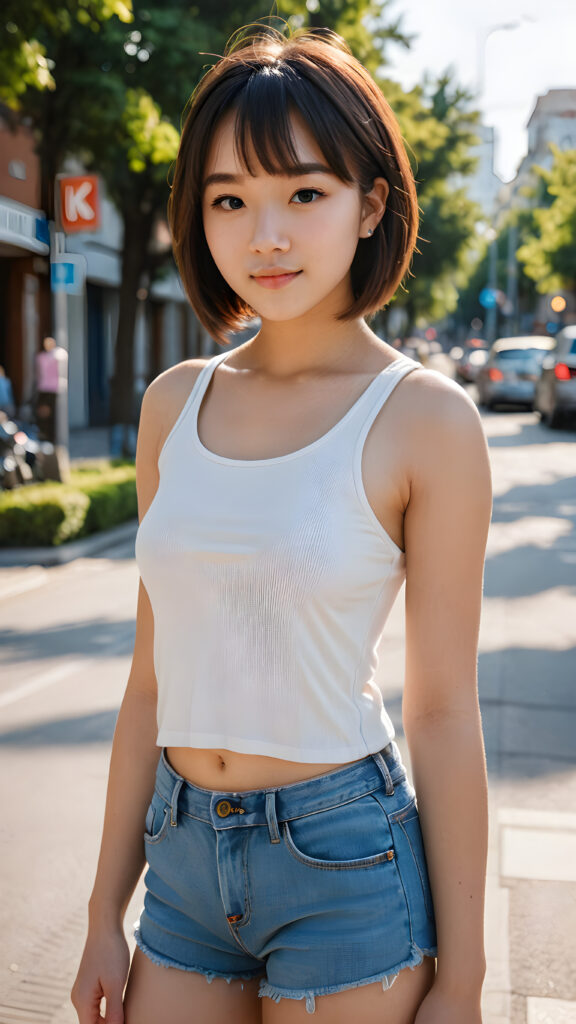 create a 3D image: a (((teen girl))) with a ((perfectly curved silhouette)) and illustrative details that convey youthful cuteness, bob cut, shoulder-lengt hair, perfect shadows and lights, short crop tank top, ((full body))