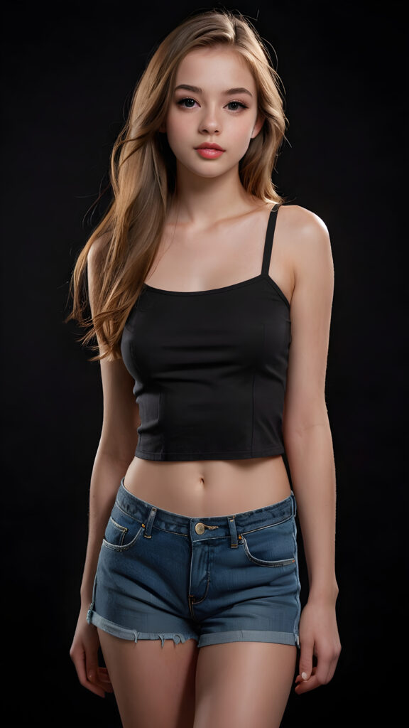 create a 3D image: of a gorgeous, stunning young teen girl, long, straight and smooth hazelnut hair, wears a short crop top, ((full lips)) perfect shadows and lights, (black background) ((full body))