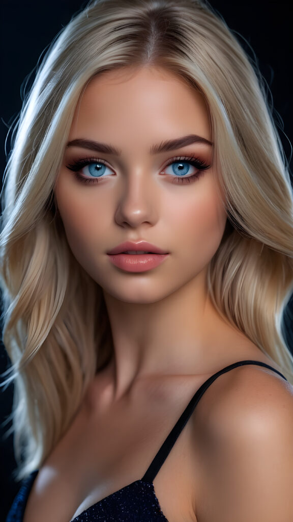 create a 3D image: of a gorgeous, stunning escord teen girl, straight blond detailed hair, she looks seductively, ((light blue eyes)), black eyeliner, tight dressed, ((full lips)) perfect shadows and lights, (black background) ((full body))