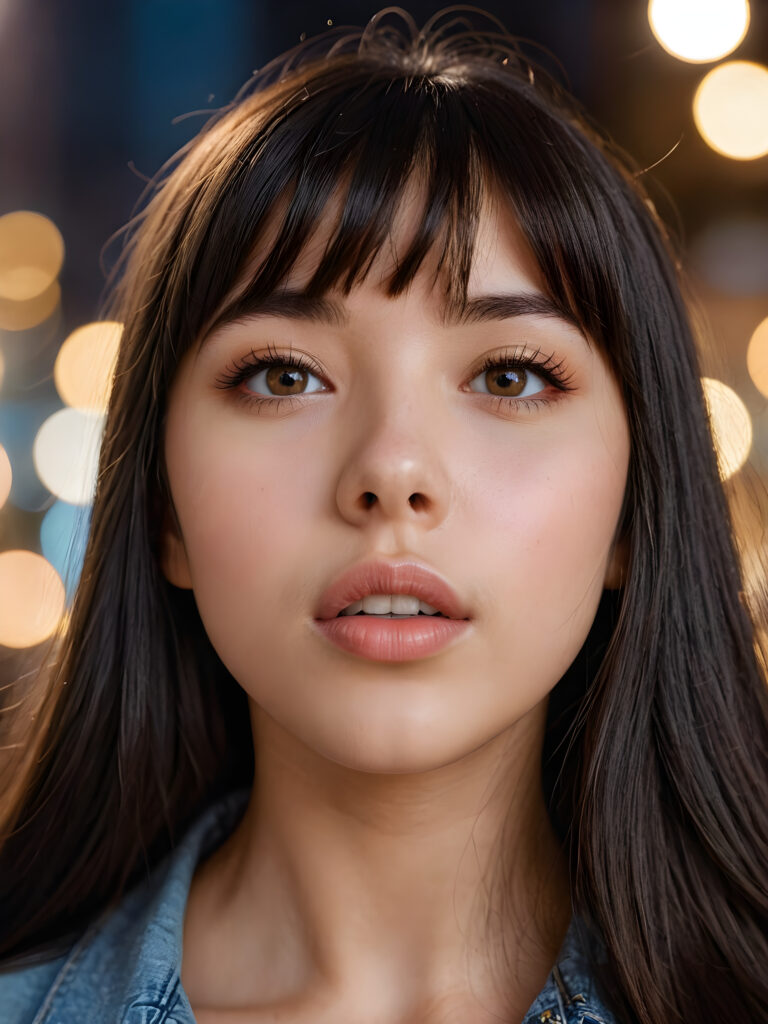 create a detailed and masterpice of close-up portrait: a teen girl, long, black soft straight hair, bangs, she looks astonished and her mouth is slightly open, ((her eyes are light brown)) ((full lips)) perfect shadows and light