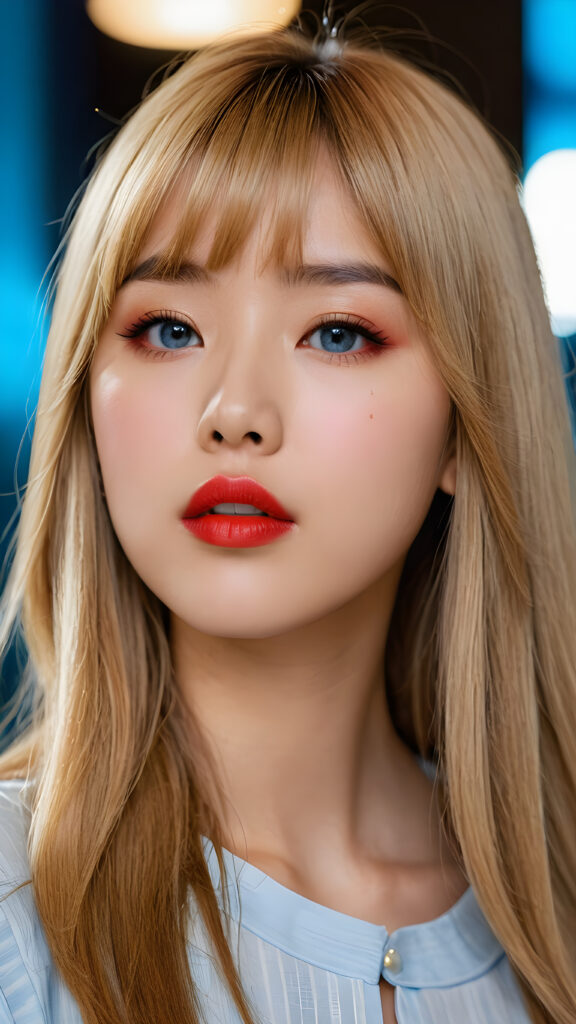 create a detailed and masterpice of (side view) portrait: a Japanese teen girl, long blond soft straight hair, bangs, she looks astonished and her mouth is slightly open, ((her eyes are light blue)) ((full red lips)) ((round face)) perfect shadows and light