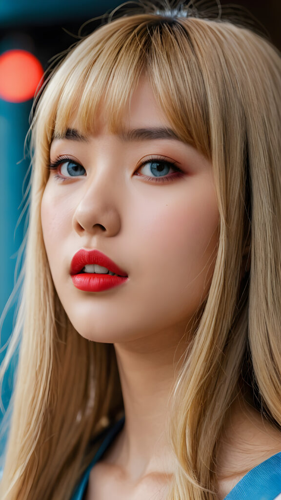 create a detailed and masterpice of (side view) portrait: a Japanese teen girl, long blond soft straight hair, bangs, she looks astonished and her mouth is slightly open, ((her eyes are light blue)) ((full red lips)) ((round face)) perfect shadows and light