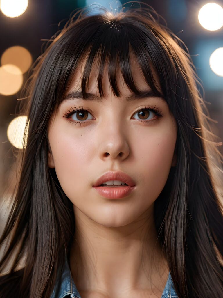 create a detailed and masterpice of close-up portrait: a teen girl, long, black soft straight hair, bangs, she looks astonished and her mouth is slightly open, ((her eyes are light brown)) ((full lips)) perfect shadows and light