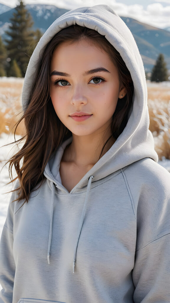 create a masterpice of image: a young gorgeous and stunning girl, dressed in a (vivid grey hoodie) (white landscape in the background)