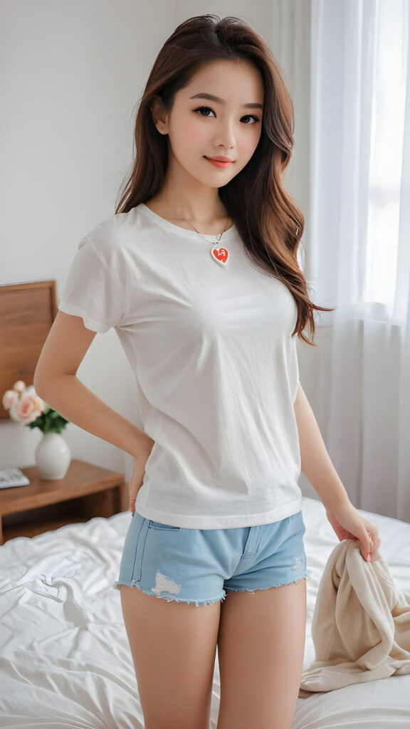 create a masterpice of pictures: a beautiful, young and cute goddess of love (girl), dressed in thin and super short cotton, waiting in bedroom