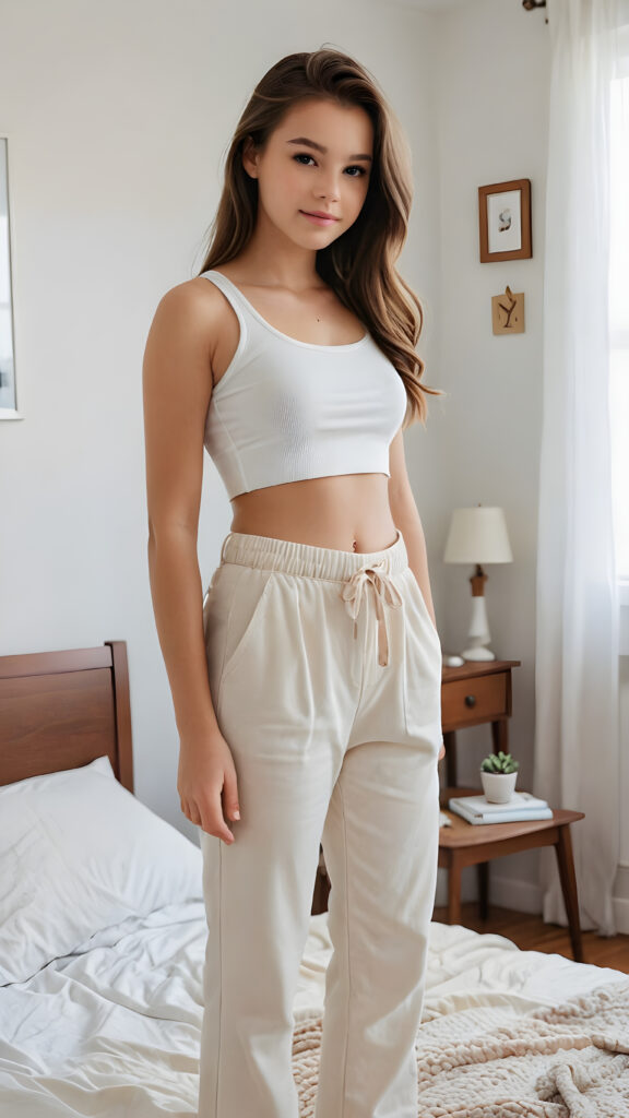 create a masterpice of pictures: a gentle, young teen girl stands in her the bedroom, she wars a crop top and pants
