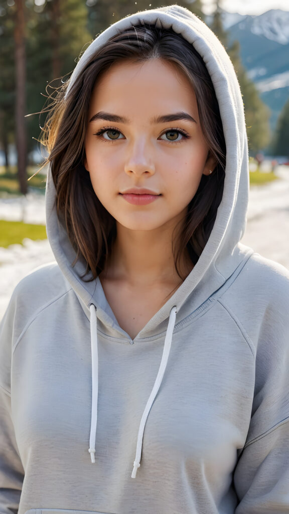 create a masterpice of image: a young gorgeous and stunning girl, dressed in a (vivid grey hoodie) (white landscape in the background)