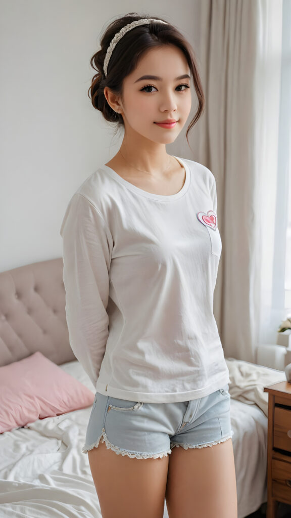 create a masterpice of pictures: a beautiful, young and cute goddess of love (girl), dressed in thin and super short cotton, waiting in bedroom